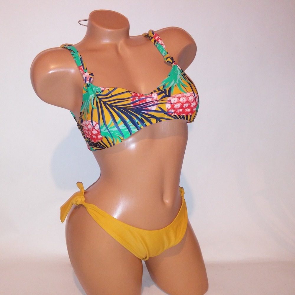 Aerie Swim Bikini Medium Bottom Large Top Hi Leg Cheeky Floral Yellow Green